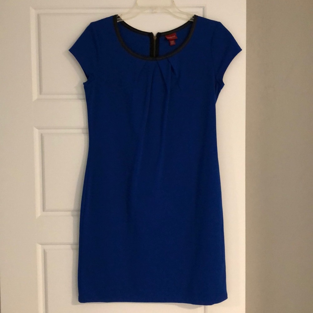 Blue Shift Dress with Faux Leather